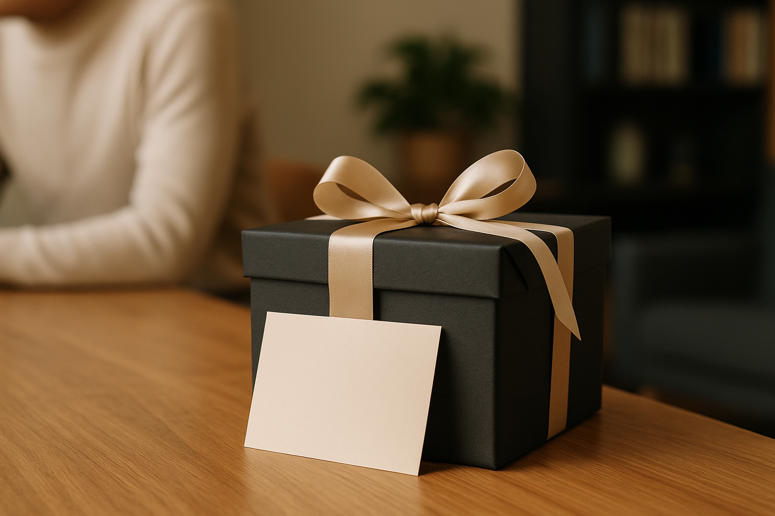 Pacchetto regalo elegante con nastro sobrio e biglietto su tavolo in legno