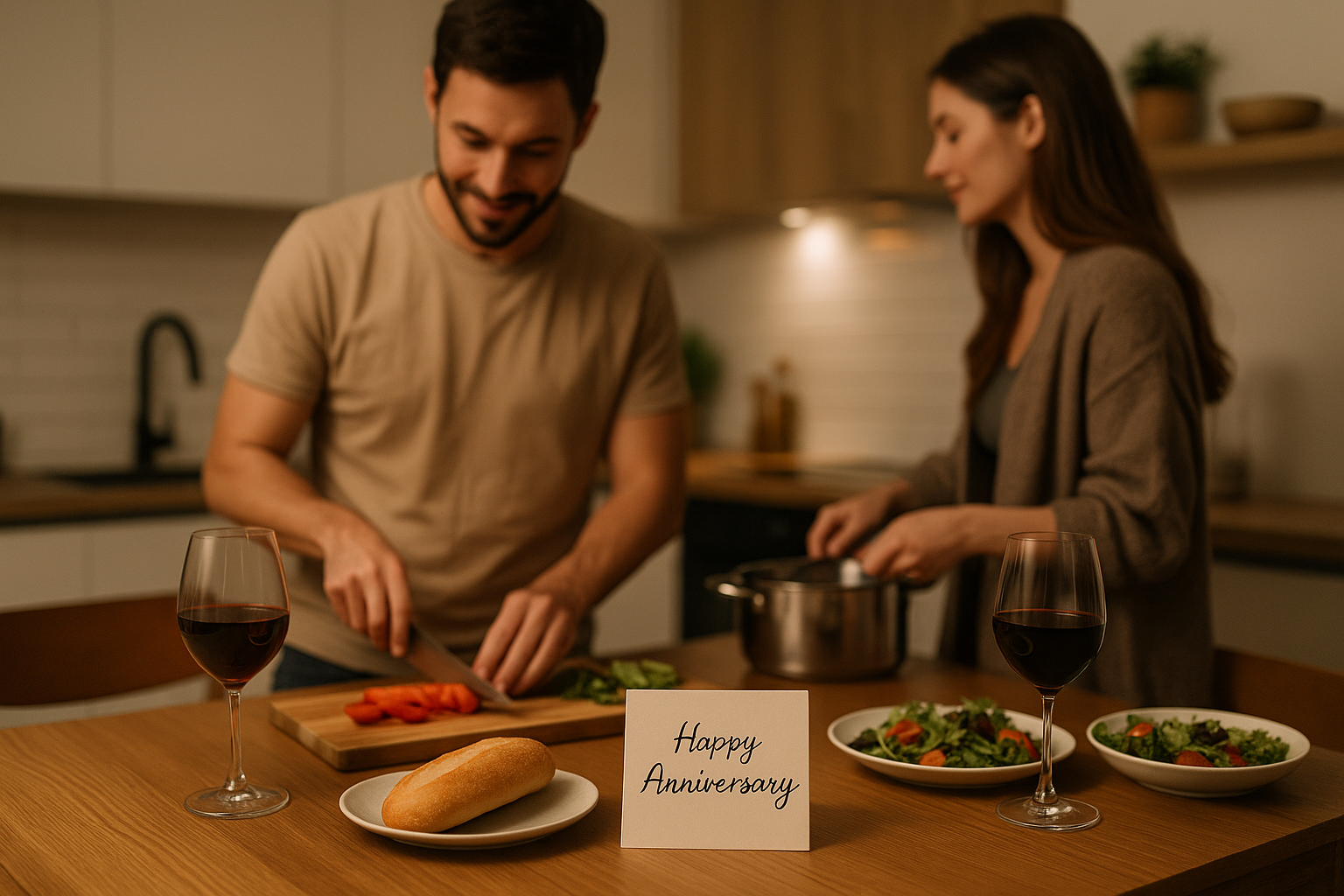 Coppia che organizza una cena casalinga per anniversario con un biglietto scritto a mano