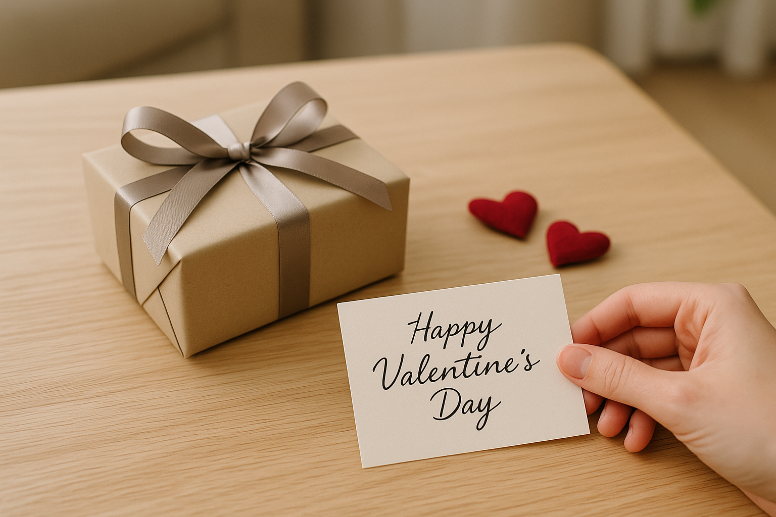 Confezione regalo minimal con nastro neutro e biglietto scritto a mano su tavolo in legno chiaro
