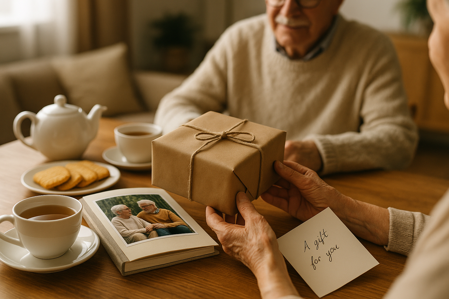 Merenda in casa con album fotografico e biglietto, idea regalo affettuosa per i nonni
