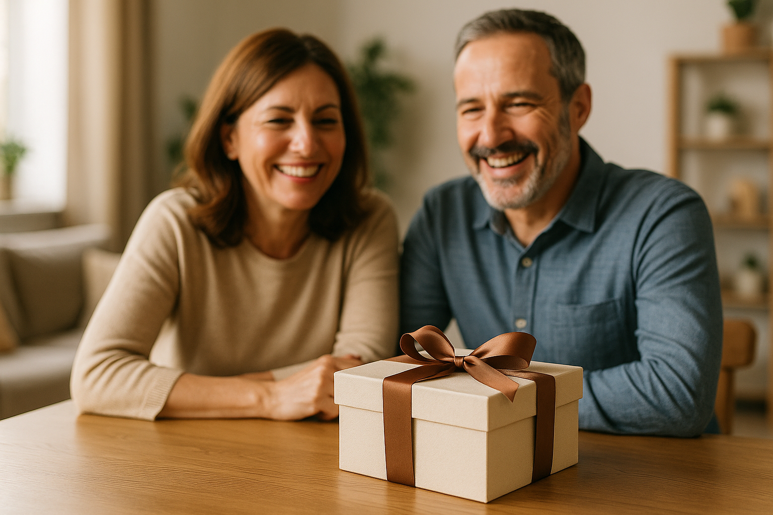 Genitori sorridenti in casa con un pacco regalo elegante su un tavolo