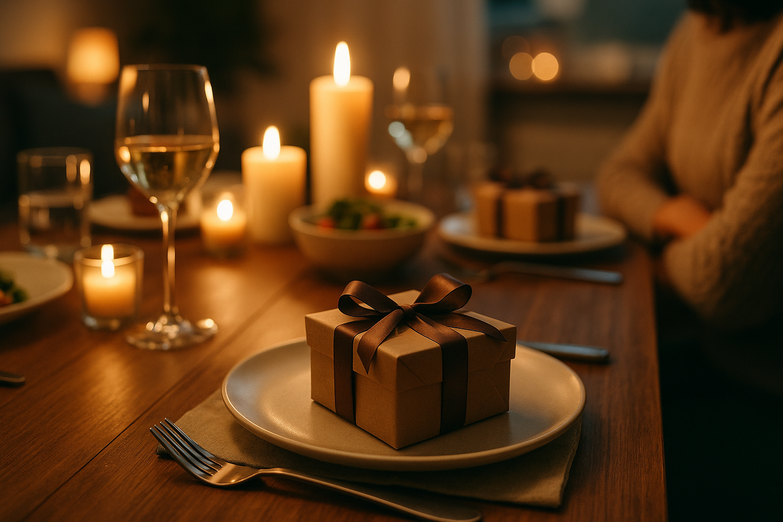 Tavola apparecchiata per una cena tra amici con un piccolo pacchetto regalo elegante