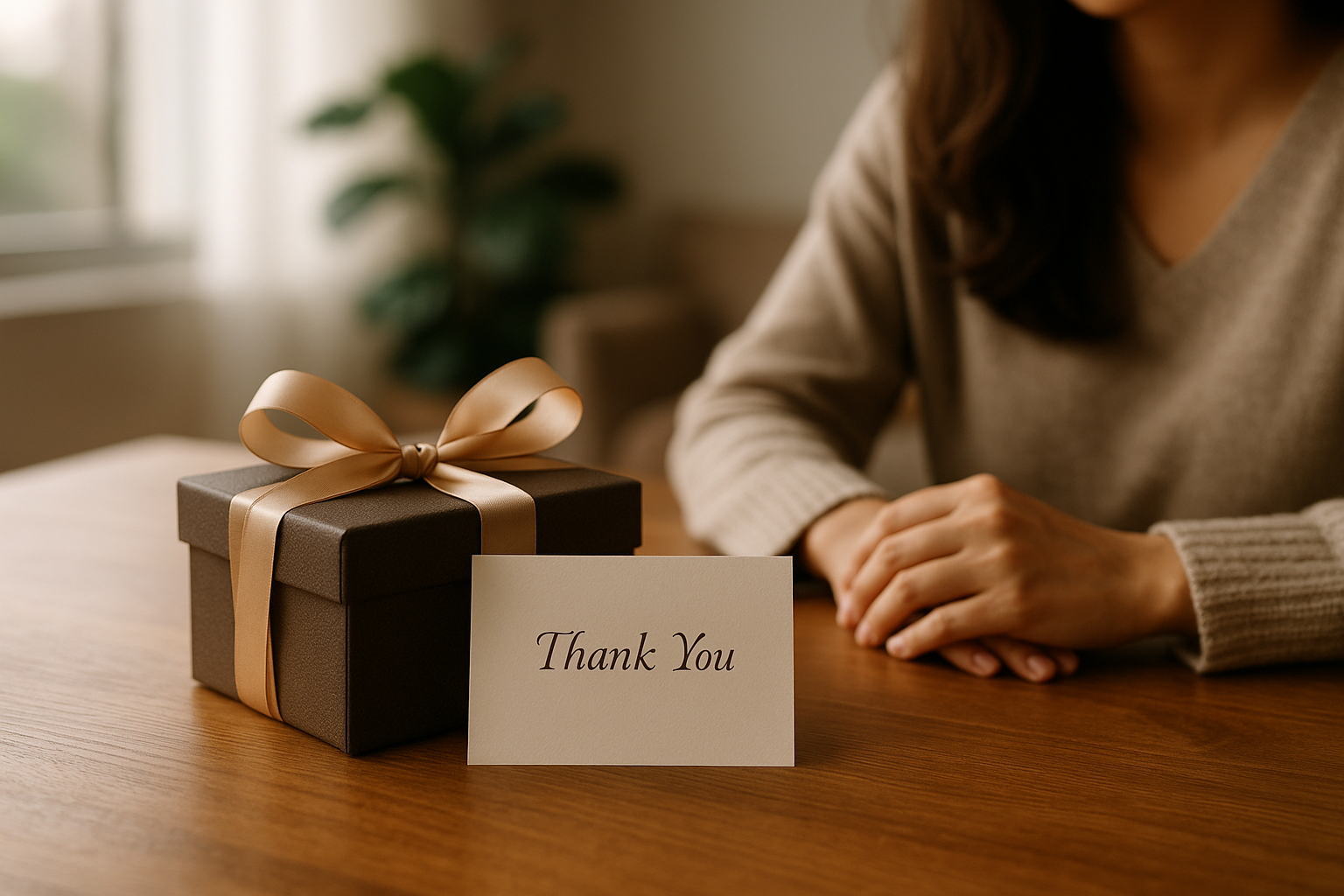 Pacchetto regalo elegante con biglietto di ringraziamento su tavolo in legno