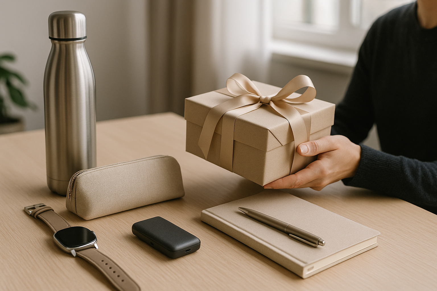 Oggetti regalo eleganti e utili disposti in modo minimal su un tavolo ordinato